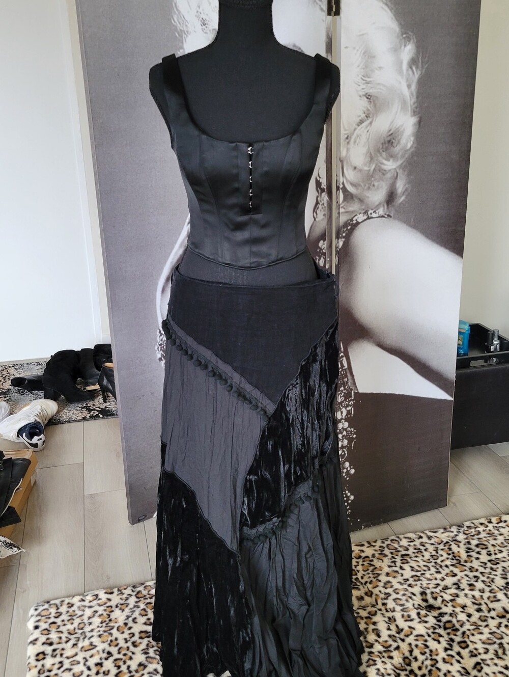 Black Bohemian Maxi Skirt with Pom Trim